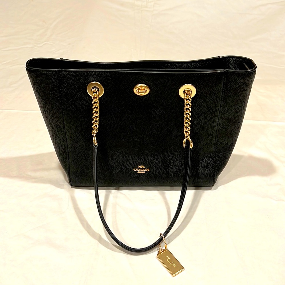 Coach Black Turnlock Chain Tote with Pebbled Leather